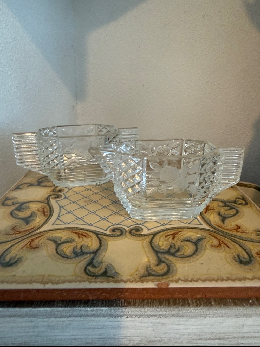 Vintage 1930s Art Deco Etched Rose Sugar & Creamer Set